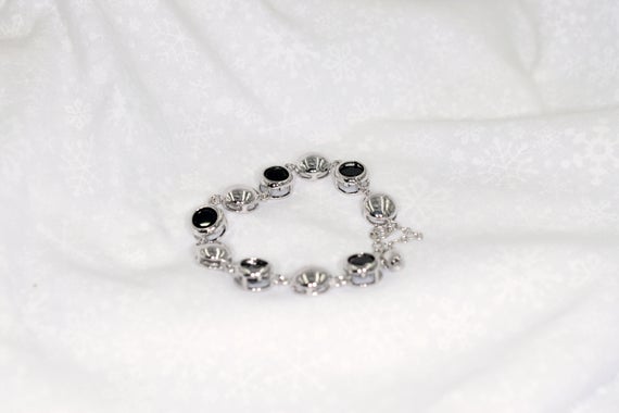 Black Spinel Bracelet, Black Bracelet, Genuine 8mm Faceted Gemstones, 11 + Carats, Adjustable 7-8 Inch Length, Set In 925 Sterling Silver