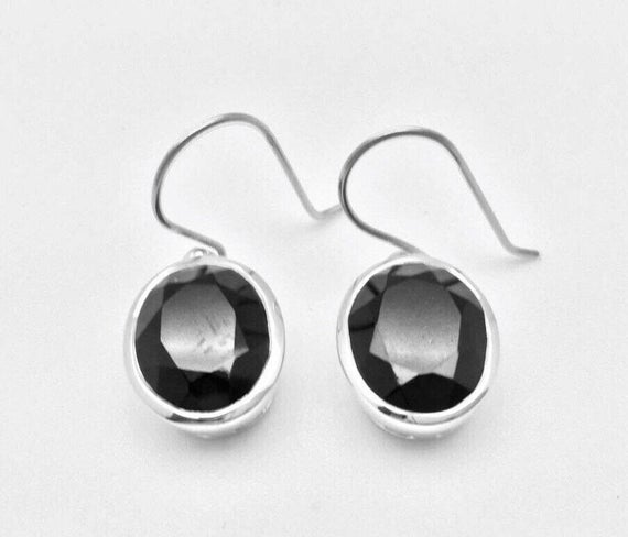 Black Spinel Earrings // 925 Sterling Silver // Non Tarnishing Rhodium Finish // Oval Setting // Dangly Black Spinel Earrings