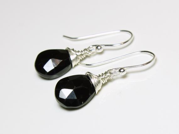 Black Spinel Earrings Gold Filled Or Sterling Silver Wire Wrapped Natural Gemstone Minimalist Simple Dangle Drops Birthday Gift For Her 5409