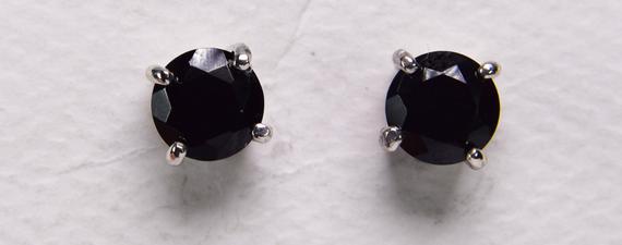 Black Spinel Studs, Genuine Gemstones 6mm Round, Set In  925 Sterling Silver Stud Earrings And Backs