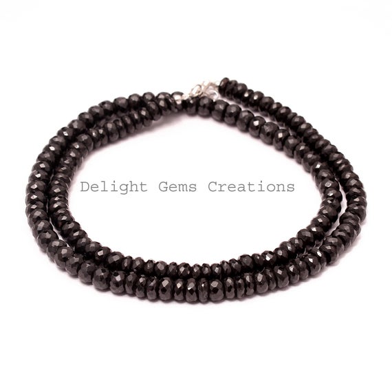 Black Spinel Beaded Necklace, 6mm Black Spinel Facted Rondelle Bead Necklace, Sterling Silver, Black Bead Necklace, 20 Inches Long Necklace