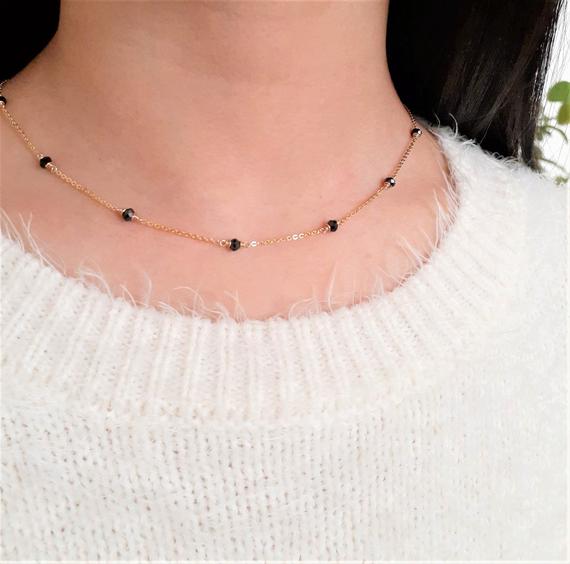 Black Spinel Necklace, August Birthstone / Handmade Jewelry / Gemstone Necklace, Necklaces For Women, Simple Gold Necklace, Gemstone Choker