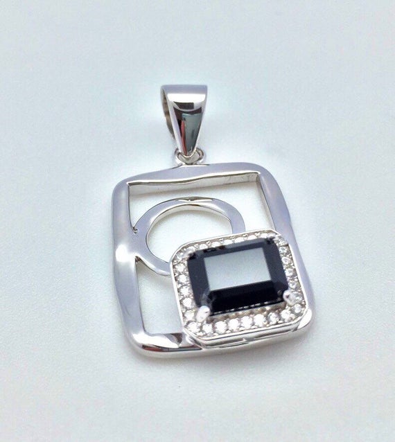 Black Spinel Pendant With Cz Accent // 925 Sterling Silver // Rhodium Finish // Small Hammered Geometric Shape