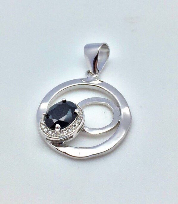 Black Spinel Pendant With Diamond Cz Accent // 925 Sterling Silver // Rhodium Finish // Small Hammered Circle Shape