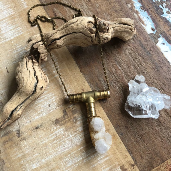 Brass T Necklace With Raw Spirit Quartz
