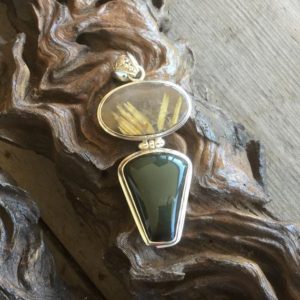 Shop Golden Obsidian Pendants! Stunning Golden Rutilated Quartz & Green Sheen Obsidian Sterling Silver Pendant ~ "The Energising Stone" | Natural genuine Golden Obsidian pendants. Buy crystal jewelry, handmade handcrafted artisan jewelry for women.  Unique handmade gift ideas. #jewelry #beadedpendants #beadedjewelry #gift #shopping #handmadejewelry #fashion #style #product #pendants #affiliate #ad
