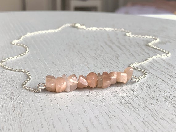 Sunstone Necklace, Orange Crystal Necklace, Gemstone Jewelry, Dainty Sunstone Choker Necklace Silver Jewelry Gift For Mom From Daughter