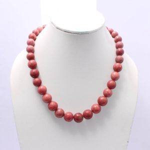 Natural Thulite Gemstone Beaded Necklace, Pink Round Beads