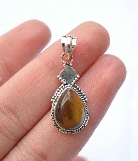 925 Sterling Silver Jewelry, Silver Pendant, Tiger's Eye Silver Pendant, Pear Shape, Handmade Silver Pendant, Gift For Her, P 44