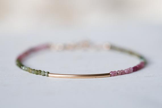 Mini Tourmaline Bracelet | Dainty Tourmaline Jewelry | Micro Faceted 2mm Stones | 14k Gold Fill Tube | Gift For Her | Mixed Multi #0141