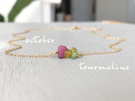 Gold Tourmaline Necklace Pink Green Blue Purple Tourmaline Crystal Necklace, Raw Crystal Jewelry, October Birthstone Necklace Gift For Her