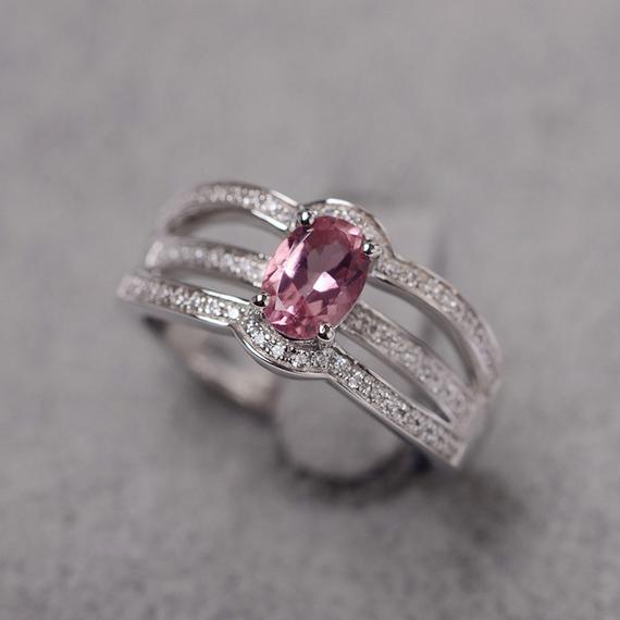 Tourmaline Ring Sterling Silver Engagement Ring Oval Cut Pink Gemstone Ring