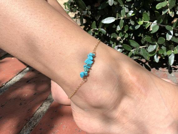 Raw Turquoise Anklet Gold, Christmas Gift For Mom, Daughter, Real Turquoise Jewelry, Blue Stone Ankle Bracelet Silver Bridesmaids Anklet