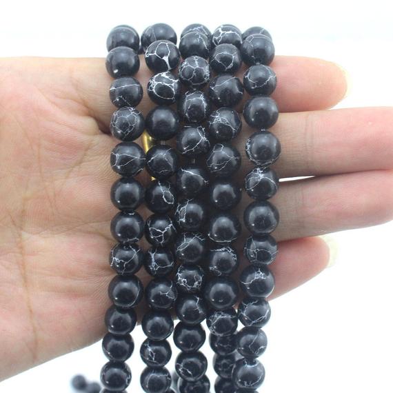 4/6/8/10/12mm Black Round Turquoise Beads, Cracked Style Smooth Round Beads, Loose Gemstone Beads, Diy Jewelry Supply---15 Inches----stn0099