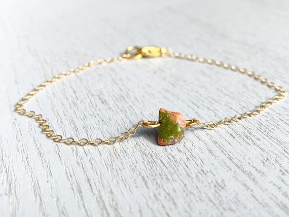 Unakite Jasper Bracelet, Tiny Jasper Bracelet, Unakite Bracelet Gold Filled, Simple Crystal Healing Bracelet Her, Third Eye Chakra Bracelet