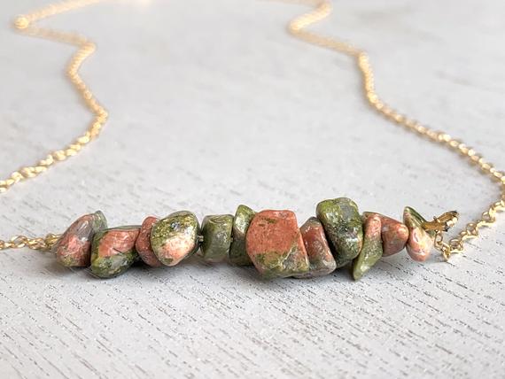 Unakite Necklace, Raw Stone Necklace Gold, Metaphysical Necklace, Nature Jewelry, Rough Crystal Bar Necklace, Crystal Healing Gift For Her