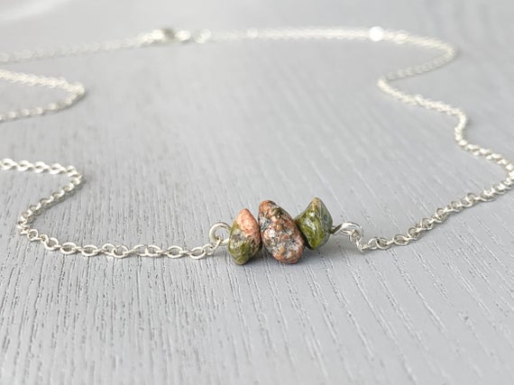 Raw Jasper Necklace Gold Or Silver Unakite Jasper Crystal Necklace, Small Raw Crystal Necklace For Her, Witch Gifts, Healing Stone Necklace