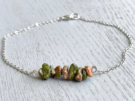 Raw Unakite Bracelet Gold Or Silver Natural Stone Jewelry For Women, Healing Gifts For Her, Wiccan Gemstone Bracelet, Raw Crystal Bracelet