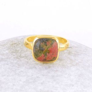 Shop Unakite Rings! Unakite Cushion Silver Ring – 10mm Gemstone Ring – 18k Gold Plated Ring – Womens Jewelry – Gift for Bride – Handmade Ring – Gift for Lover | Natural genuine Unakite rings, simple unique handcrafted gemstone rings. #rings #jewelry #shopping #gift #handmade #fashion #style #affiliate #ad