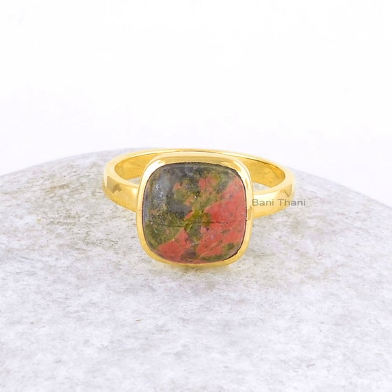 Unakite Cushion Silver Ring - 10mm Gemstone Ring - 18k Gold Plated Ring - Womens Jewelry - Gift For Bride - Handmade Ring - Gift For Lover