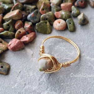 Shop Unakite Rings! Unakite Ring, Healing Crystal, Raw Gemstone Ring, Wire Wrap Ring, Ama Beaded Ring, Gold Plated Stacking Rings, Dainty Wire Ring | Natural genuine Unakite rings, simple unique handcrafted gemstone rings. #rings #jewelry #shopping #gift #handmade #fashion #style #affiliate #ad
