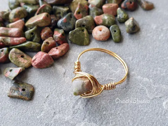 Unakite Ring, Healing Crystal, Raw Gemstone Ring, Wire Wrap Ring, Ama Beaded Ring, Gold Plated Stacking Rings, Dainty Wire Ring