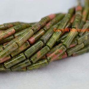 Shop Unakite Beads! 15.5" Unakite round tube 4x13mm,  green red color semi-precious stone tube, natural Unakite 4x13mm cylinder | Natural genuine beads Unakite beads for beading and jewelry making.  #jewelry #beads #beadedjewelry #diyjewelry #jewelrymaking #beadstore #beading #affiliate #ad
