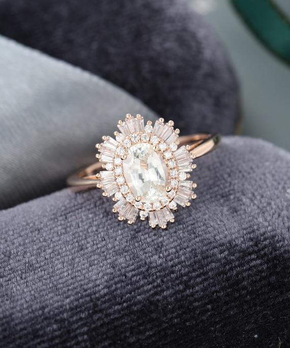 White Sapphire Engagement Ring Rose Gold Halo Diamond Ring Vintage Engagement Ring Unique Art Deco Oval Cut Baguette Antique Gift For Women
