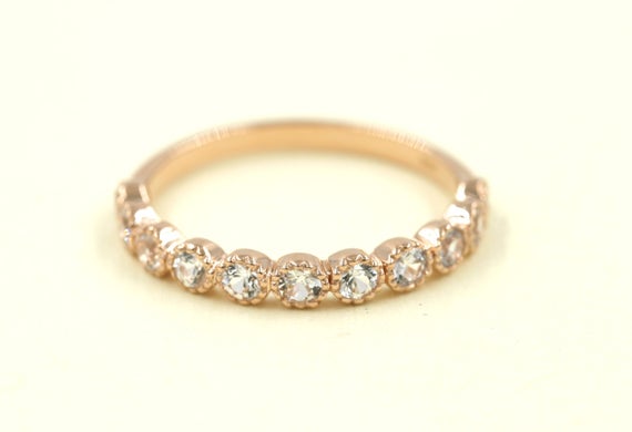 14k White Gold White Sapphire Wedding Band - Half Eternity Stackable Ring 14k White Gold White Sapphire Wedding Band - Half Eternity Stackable Ring