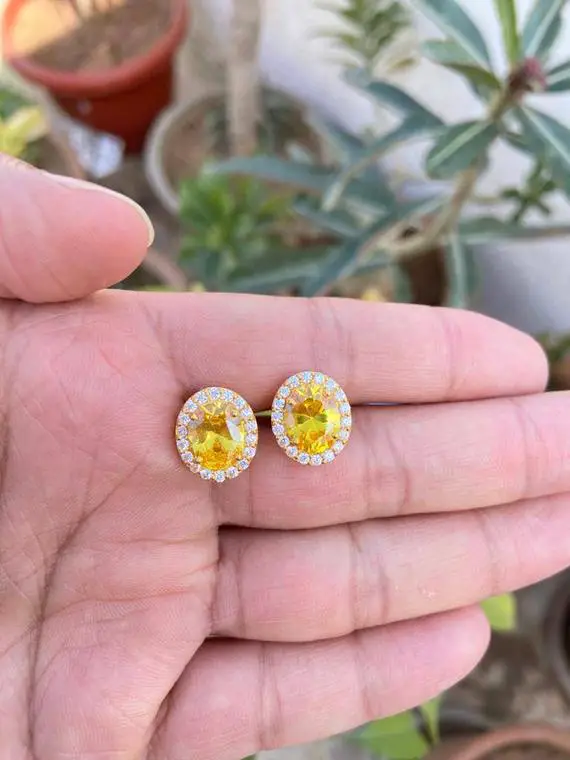 Yellow Sapphire Earrings- Gold Sapphire Earrings- Yellow Gemstone Earrings- Oval Sapphire Earrings