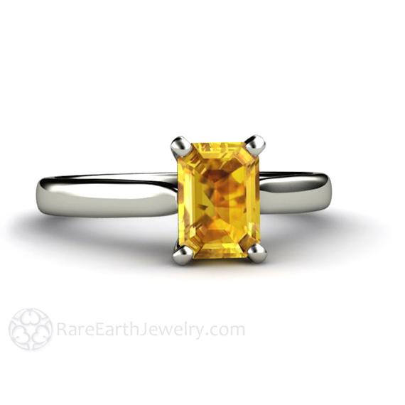 Natural Yellow Sapphire Engagement Ring Emerald Cut Yellow Sapphire Ring Classic Solitaire Yellow Gemstone Ring In 14k 18k Gold Platinum