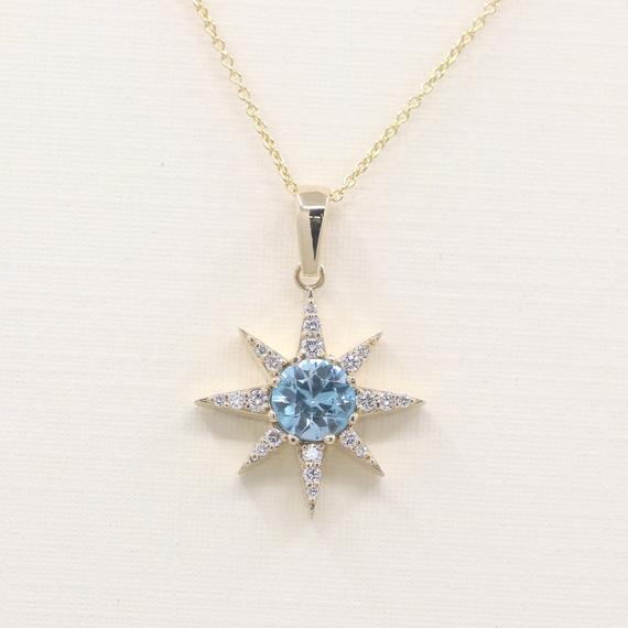 14k Blue Zircon Diamond Star Necklace / Blue Zircon Necklace / Blue Zircon Pendant / Star Necklace / Simple Necklace / December Birthstone