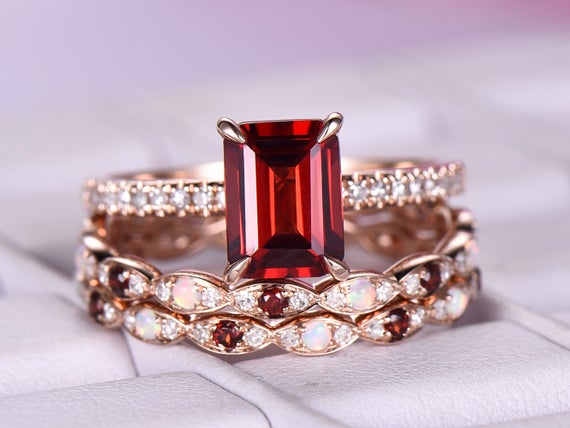 6x8mm Emerald Cut Garnet Engagement Ring/14k Rose Gold/half Eternity Ring/opal Wedding Ring/emerald Cut Red Birthstone/ball Prongs/marquise