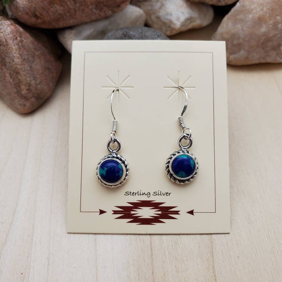 925forher Small Azurite Malachite Earrings | Sterling Silver Azurite Earrings | Small Azurite Dangle Earrings | Small Southwestern Jewelry