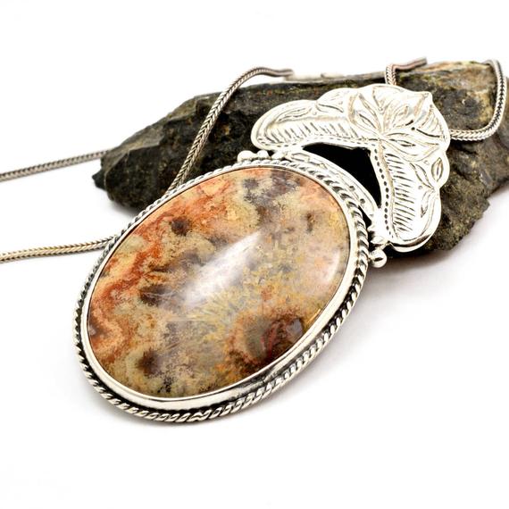Crazy Lace Agate Necklace Sterling Silver Large Round Lace Agate Pendant Orange Brown Beige Antique Bohemian Style, Artisan Boho Jewelry