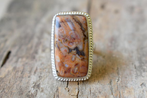 Indonesian Palm Root Fossil Agate Gemstone Ring, Statement Ring , 925 Sterling Silver, Gemstone Silver Ring , Women Jewellery Gift #b303