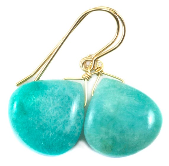 Amazonite Earrings Blue Aqua Smooth Finish Teardrop Heart Sterling Silver Or 14k Solid Gold Or Filled Pale Soft Baby Blue Natural Drops
