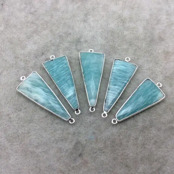 Green Amazonite  Bezel | Silver Finish Faceted Triangle Shape Bezel - Plated Copper Connector Component ~ 15mm X 35mm - Sold Individually