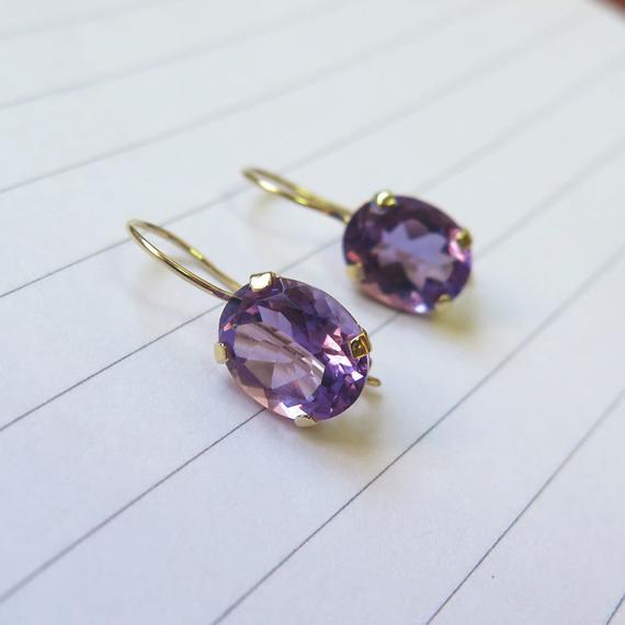 Gold Amethyst Earrings, 14k Solid Yellow Gold Drop Earrings, February Birthstone Earrings, Purple Earrings, 14k Gold Earrings, Oval Earrings