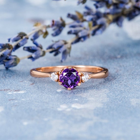 Amethyst Engagement Ring Rose Gold Amethyst Ring 5mm Solitaire Ring For Women Three Stones Ring Natural Diamond Wedding Ring Custom Simple
