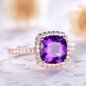 Shop Amethyst Jewelry! Amethyst Engagement Ring Rose Gold 14k 18k CZ Diamond Halo 925 Sterling Silver Cushion Cut Minimalist Wedding Band Bridal Anniversary Gift | Natural genuine Amethyst jewelry. Buy handcrafted artisan wedding jewelry.  Unique handmade bridal jewelry gift ideas. #jewelry #beadedjewelry #gift #crystaljewelry #shopping #handmadejewelry #wedding #bridal #jewelry #affiliate #ad