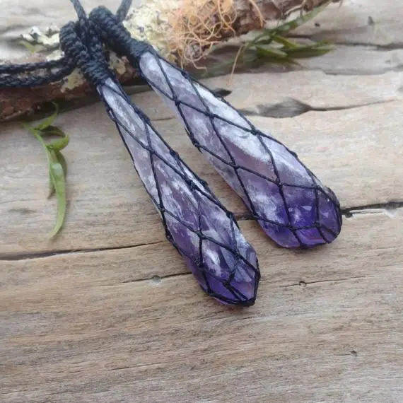 Couples Gift, Pair Raw Random Amethyst Crystal Pendant Necklaces, Purple Crystal Macrame Necklace, Gift For Family, Twins, Mother Daughter