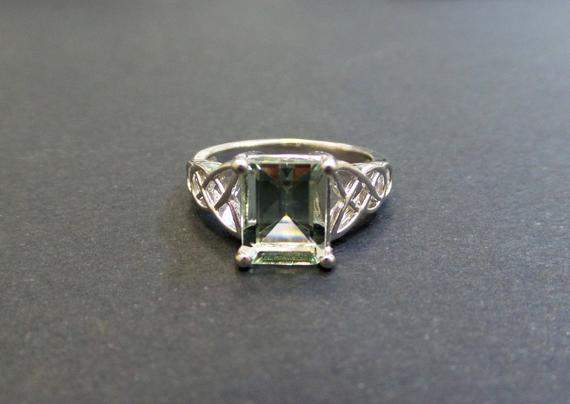 Amethyst Ring/  Genuine Green Amethyst Emerald Cut 1.55 Ct Engagement Ring Sterling Silver/ Emerald Cut Green Amethyst Engagement Ring
