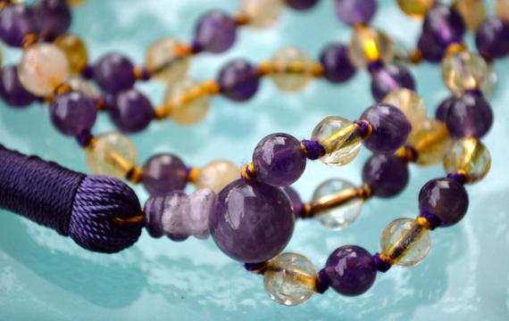 Ametrine Mala Beads Necklace,  Amethyst & Citrine Necklace, 108 Prayer Beads