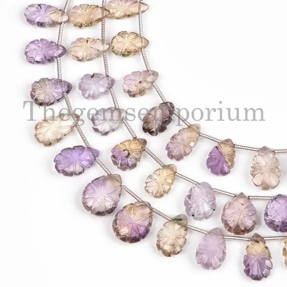 New Arrivals Ametrine Pear Carving Flower Beads, Ametrine Carved Beads, Flower Carving Beads, Ametrine Pear Beads, Gemstone Carving Beads