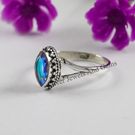 Angel Aura Quartz Ring-dainty Ring-925 Sterling Silver Ring-marquise Aura Quartz Ring-gift For Her-promise Ring-gemstone Ring