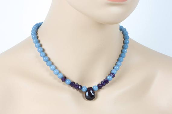 Angelite Necklace,  Amethyst And Angelite Choker, Blue Purple Gemstone Jewelry, Gemstone Jewelry, Handmade Gemstone Jewelry, Mothers Day