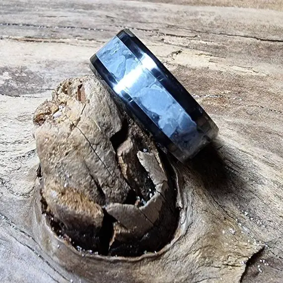 Angelite Ring, Beautiful Handmade Black Ceramic Ring Set With Genuine Angelite