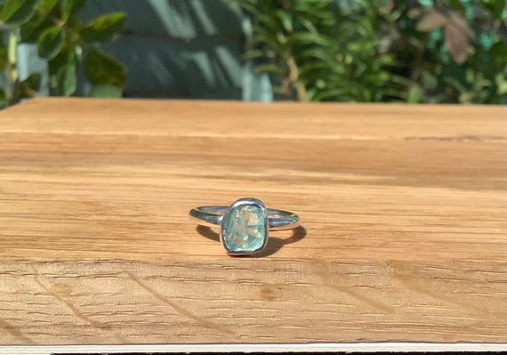 Raw Stone Ring, Womens Silver Ring With Blue Apatite, Rough Gemstone Jewellery
