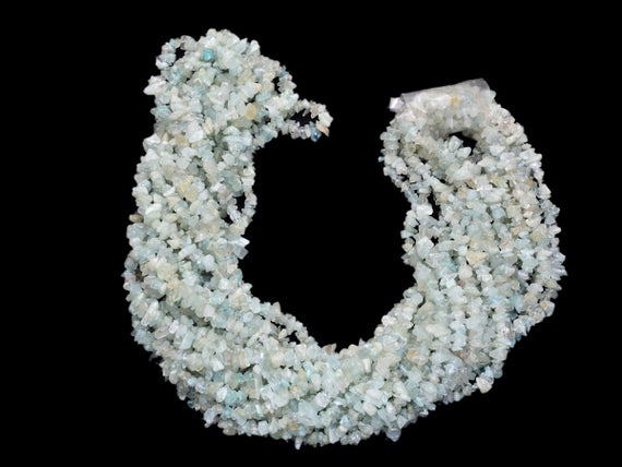 Natural Aquamarine Gemstone Chips 5mm-6mm Beads Necklace | 34inch Strand | Semi Precious Gemstone Smooth Nuggets | Jewelry Making Supplies